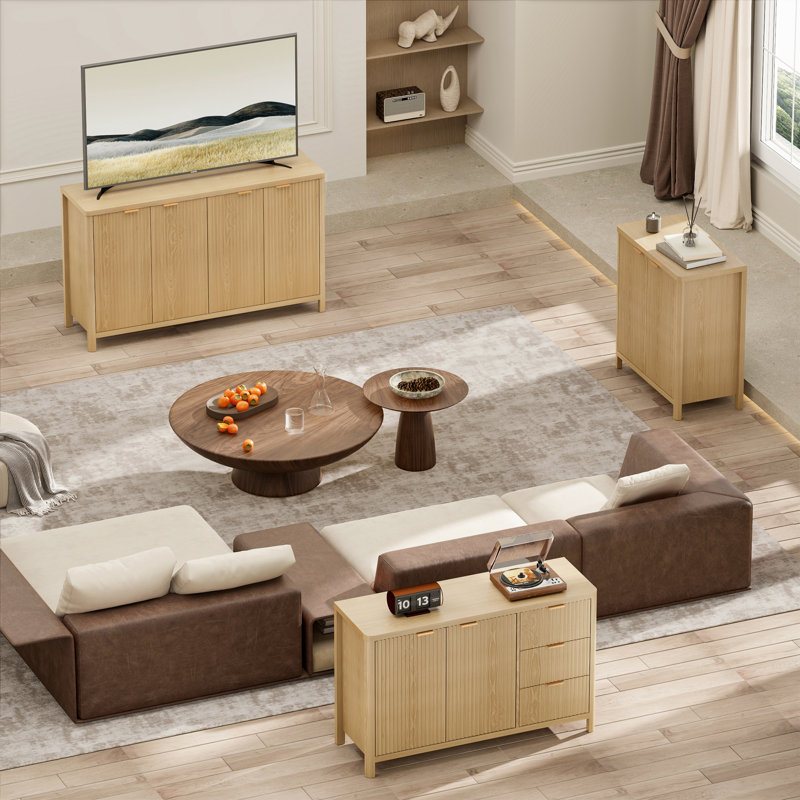 Fluted Storage Cabinet 2 Door with Drawer & Adjustable Shelf, Beige