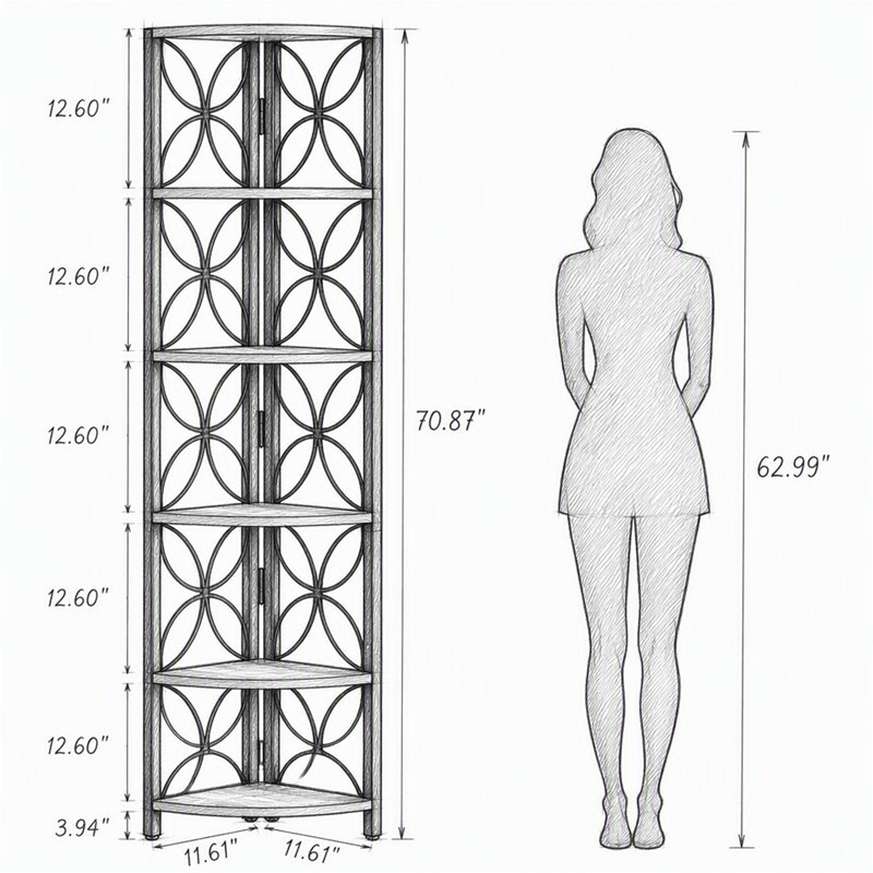 Étagère d'angle de 180 cm (70,8 po), tablette de coin à 6 niveaux avec rangement et présentoir