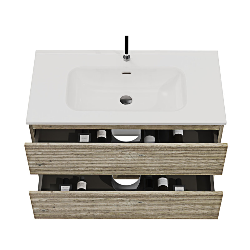 Wall Mounted Bathroom Vanity With Integrated Ceramic Sink With Overflow, 36"