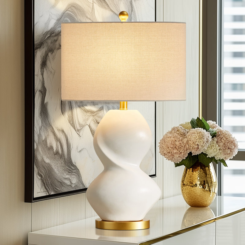 Iftikar 28.5"White Ceramic Gourd Table Lamp With Golden Base
