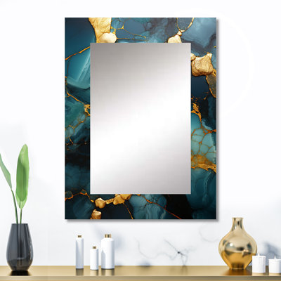 Or et agate verte topaze granit II - miroir unique abstrait, grand miroir mural doré, impression sur métal