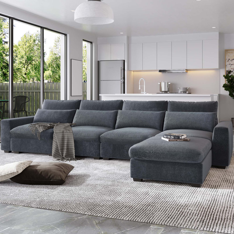 Grand canapé modulaire rembourré en plumes en L moderne, canapé convertible avec méridienne réversible pour le salon