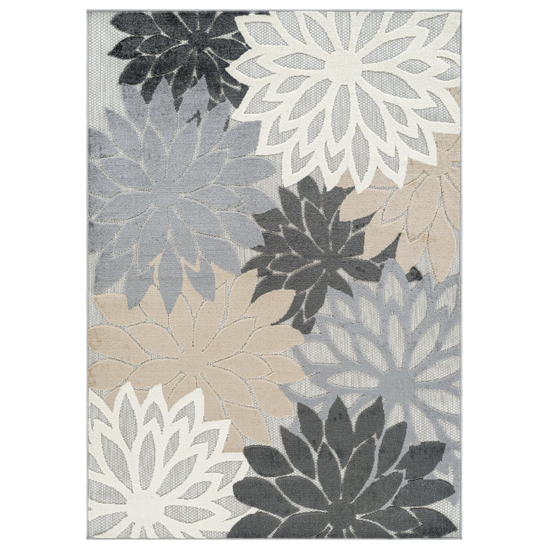 Tapis floral gris / ivoire intérieur / extérieur, Gris, Rectangle 4pi x 6 pi