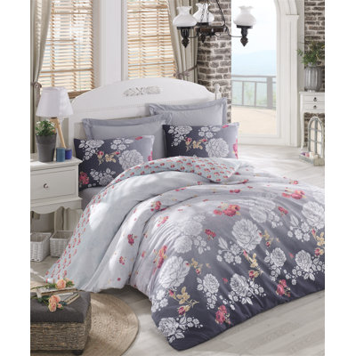 Ensemble de housse de couette 100% coton 2 pièces bleu foncé / blanc / rose Twanna