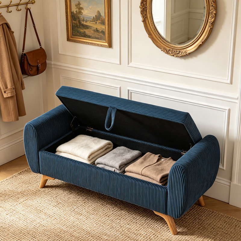 Banc de rangement en velours côtelé 57 po avec pieds en bois massif, Bleu