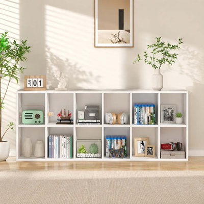 12-Cube Modular Open Grid Bookcase, E1 Particle Board Freestanding Storage Display Shelf Supports Vertical & Horizontal Installation with Anti-Tip Hardware