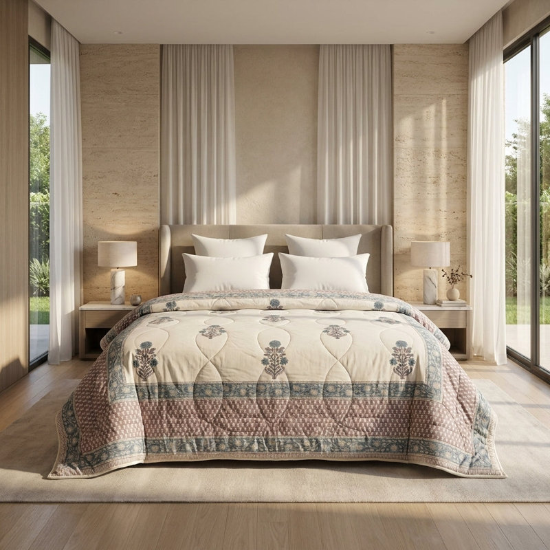 House of Avana Cream & Rose Pink Botanical Floral Jaipur Indian Hand Block Print Quilted Comforter, Queen