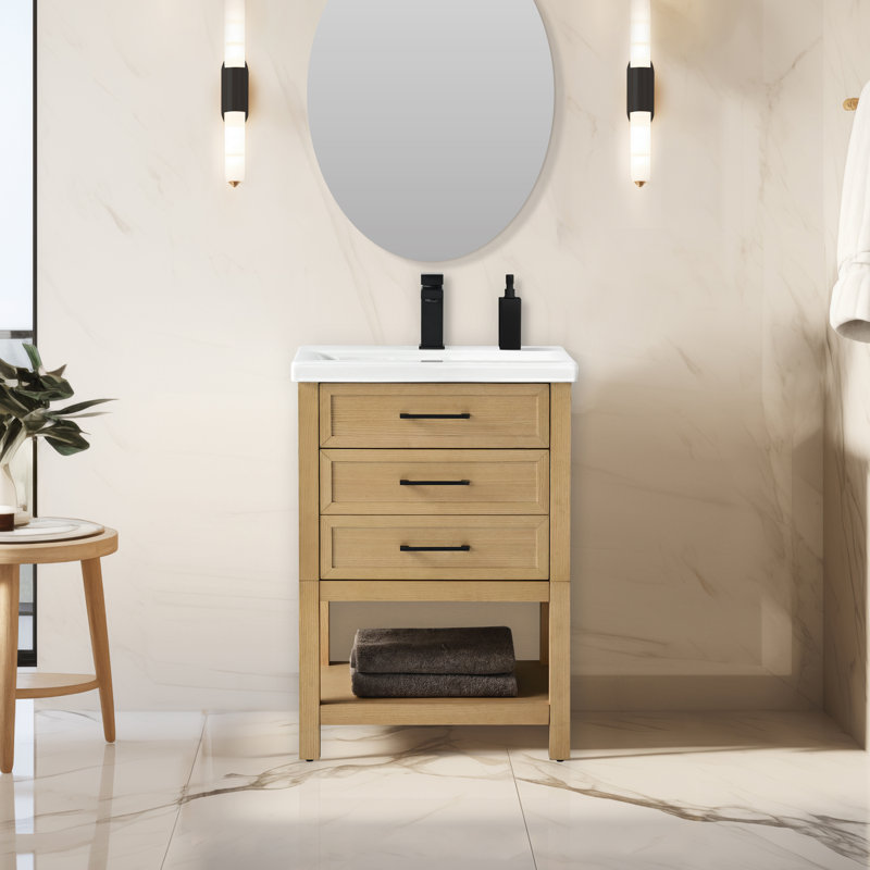 Stratford 24'' Single Vanity with Ceramic Top, Light Oak/Matte Black