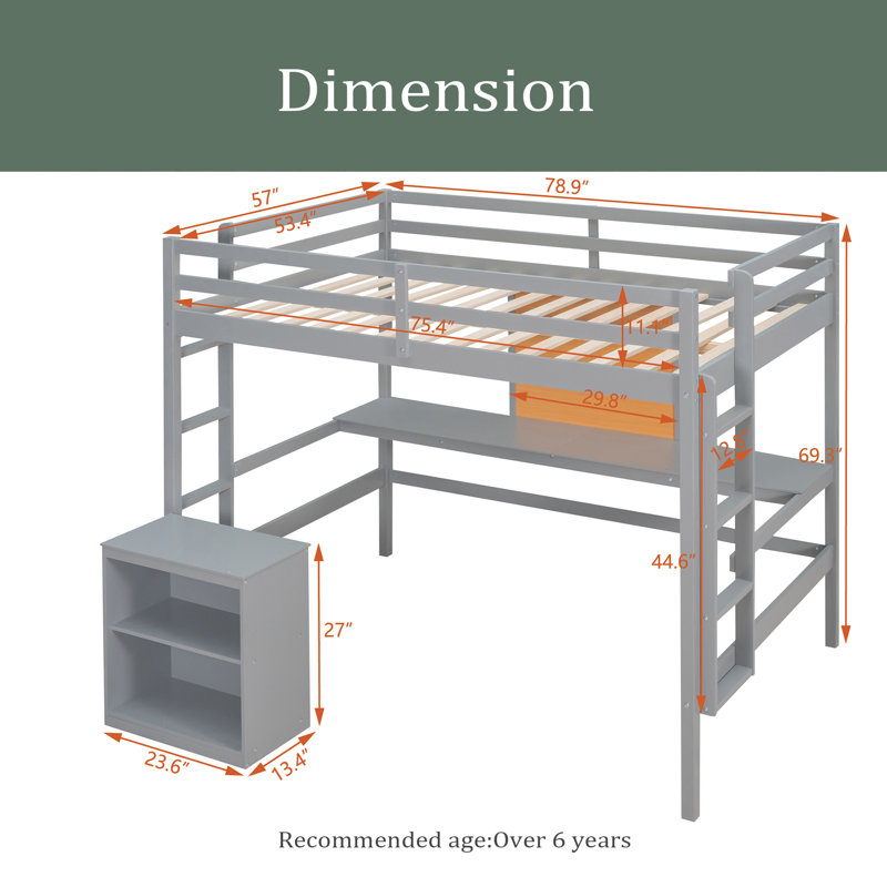 Lit mezzanine double avec bureau intégré Gleich, Gris
