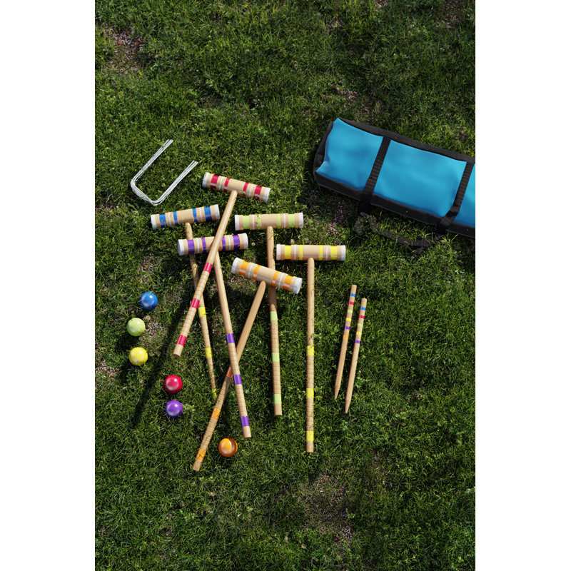 6-Player Croquet Set - Outdoor Games with Wood Mallets, Balls, Posts, Wickets, and Carry Case - Vintage Yard Games for Adults and Kids by Hey Play