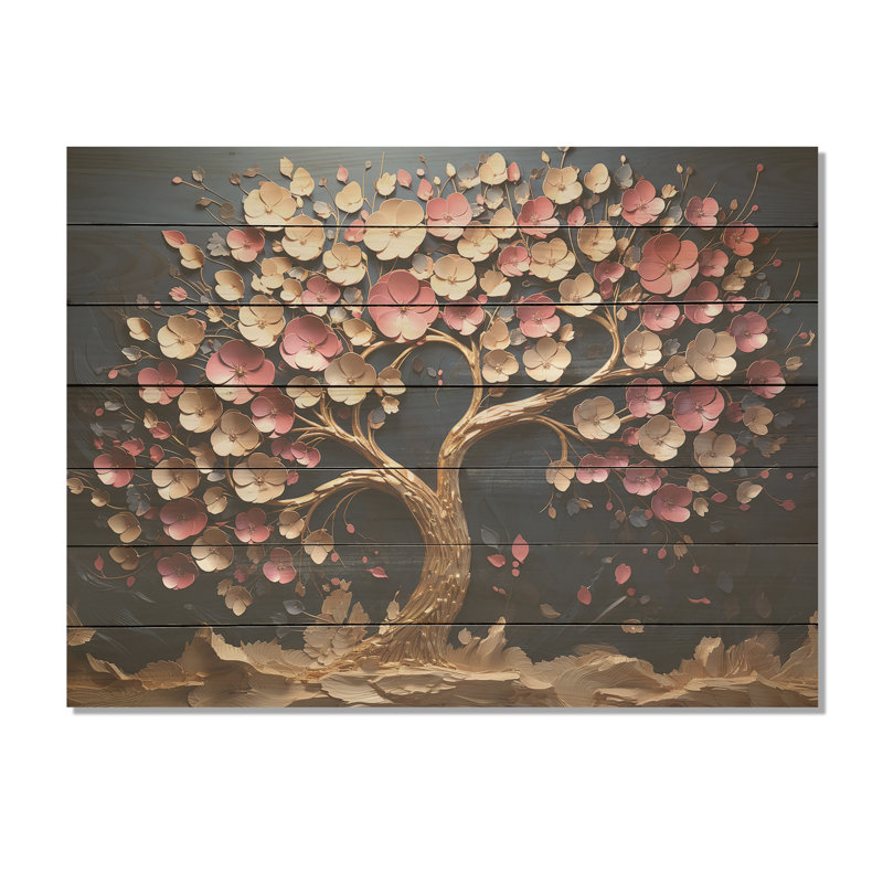 Pink And Gold Orchid Tree Garden Of Branches IV - Tree On Wood Print, 10" H x 20" W x 0.78" D