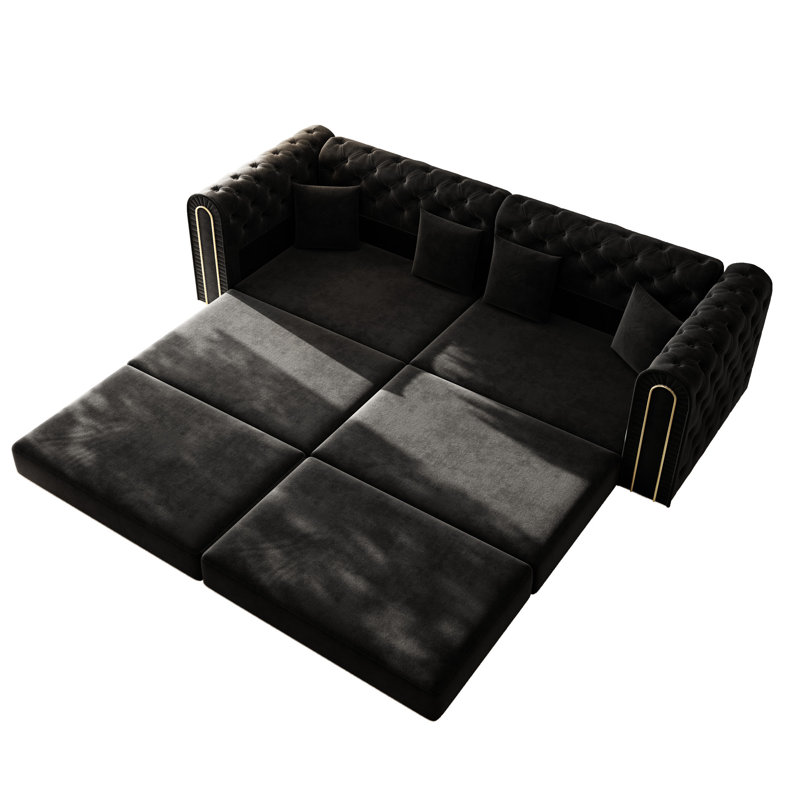 Canapé gain de place 3 places en 1, gris foncé, capitonné, finitions dorées, 4 coussins inclus, beige, élégant 21 cm, pour salon