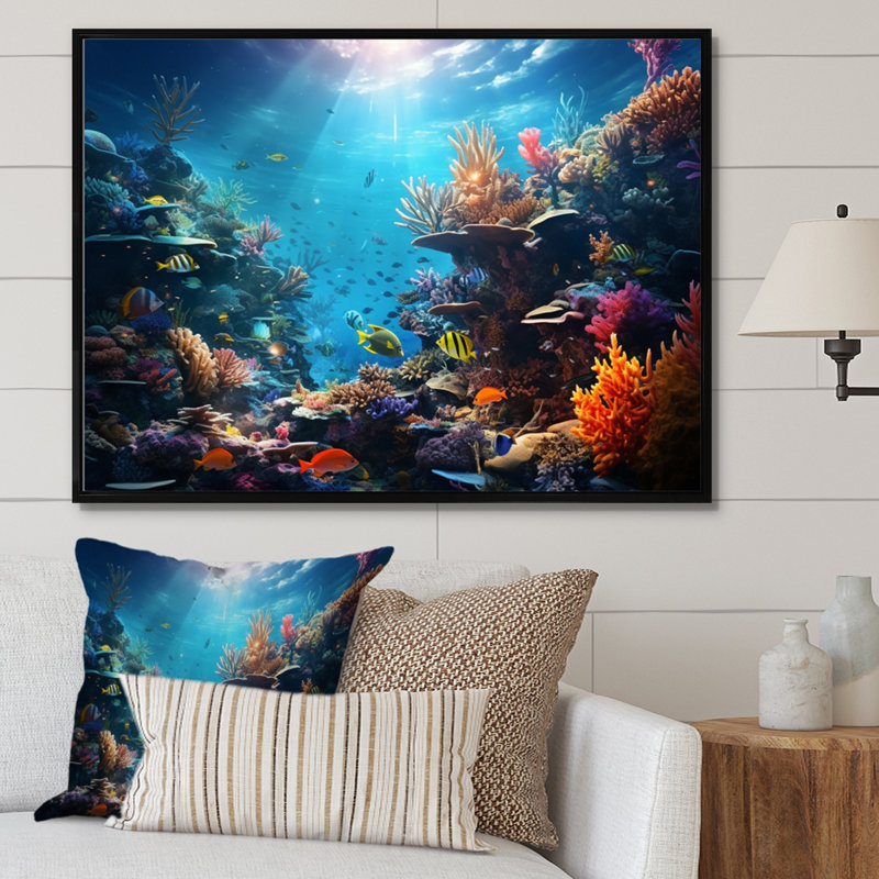 Corail, paysage marin I - reproductions d'art mural côtier, H 12 po x l 20 po x P 1 po, Cadre flottant noir