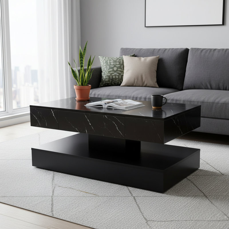 Modern Tiered Coffee Table with Drawer Storage, Black