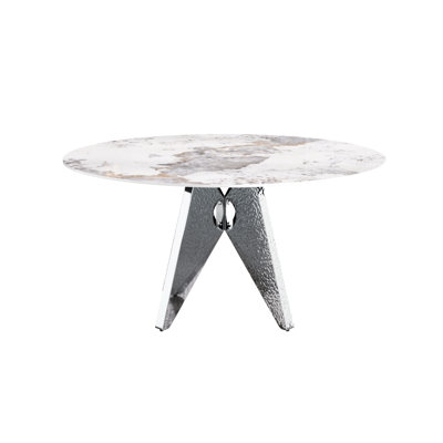 57.88" Round Dining Table With White Heat- Sintered Stone Top And Silver Stainless Steel Base, Accommodates 6-8, Space Design Modern Table, Desktop Seats To Discoloration