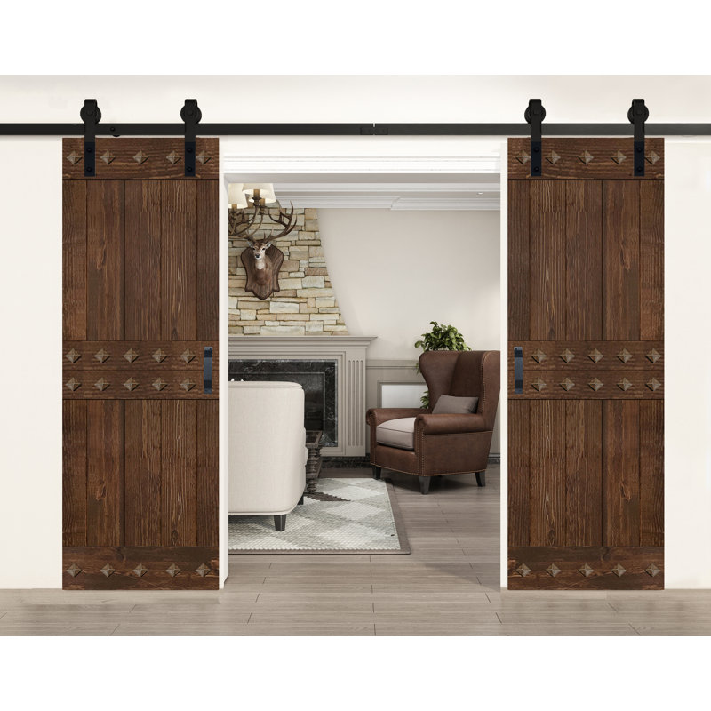 Porte de grange à panneaux et en bois avec quincaillerie d'installation, 60 po x 84 po, Gris Kona