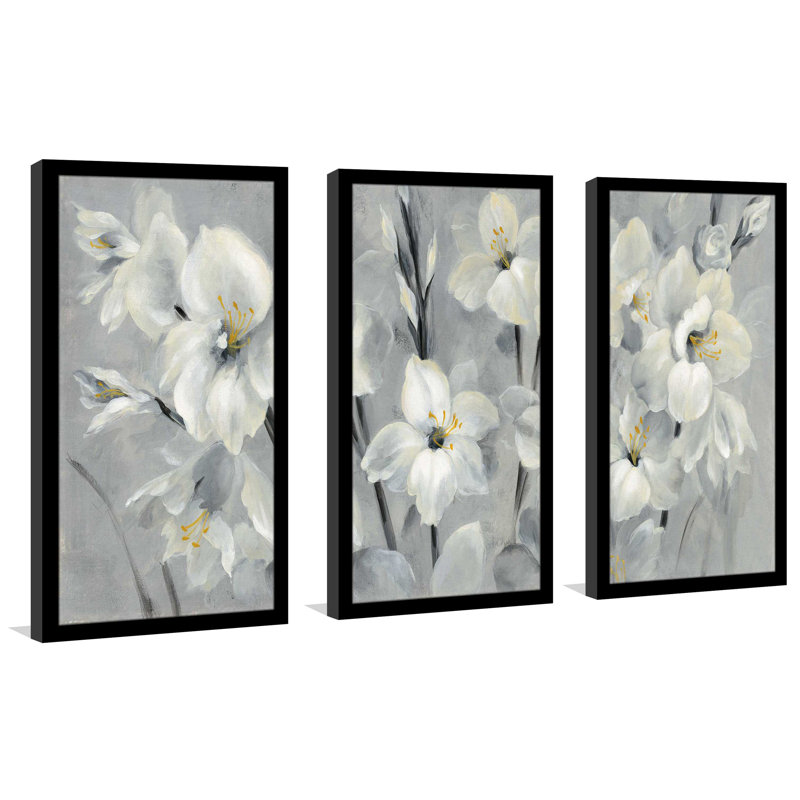 Fleurs sur fond gris - ensemble de 3 reproductions d'art, L 40,5 po x H 25,5 po x P 1 po
