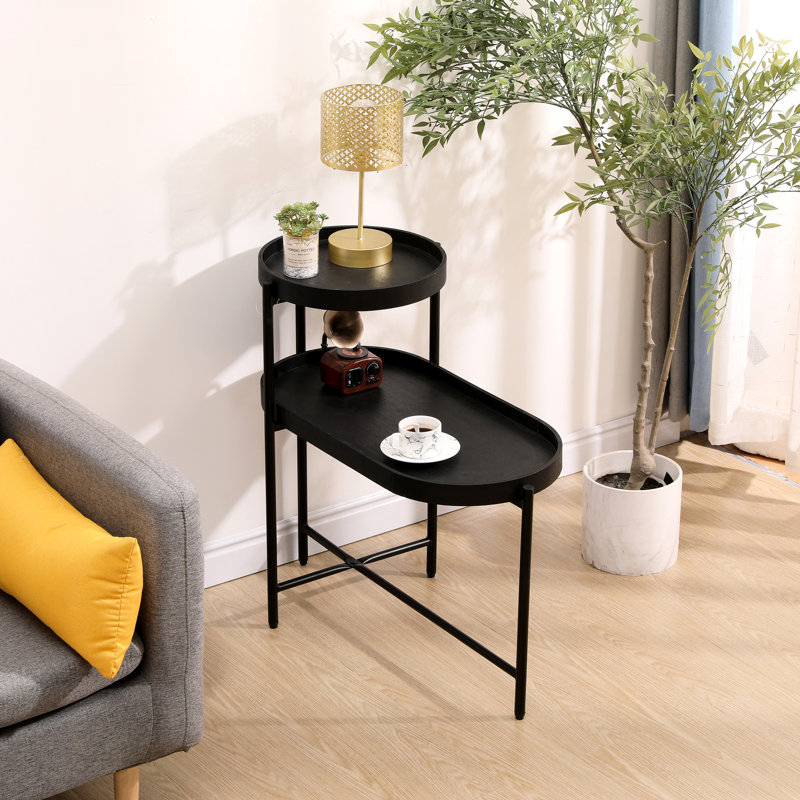 Table d'appoint noire avec 2 rangements - en métal et en bois, et stable, convient aux canapés, idéale pour diverses pièces, avec un cadre de processus d'assemblage facile