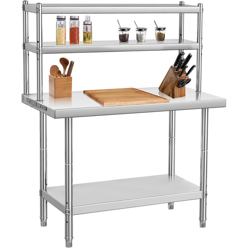 Table de travail robuste en acier inoxydable avec tablettes, table de préparation de cuisine commerciale 36 po x 24 po pour la maison, le restaurant, le garage ou un usage industriel