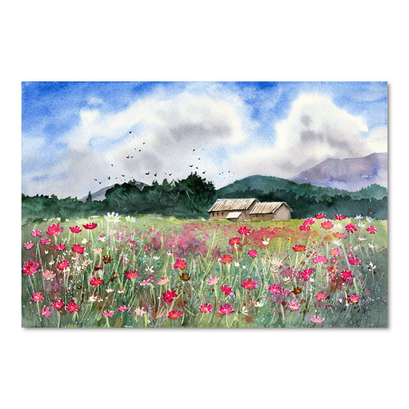 Paysage avec un champ de fleurs blanches et roses - Peinture sur toile, H 40 po x l 60 po x P 1,5 po, Toile tendue