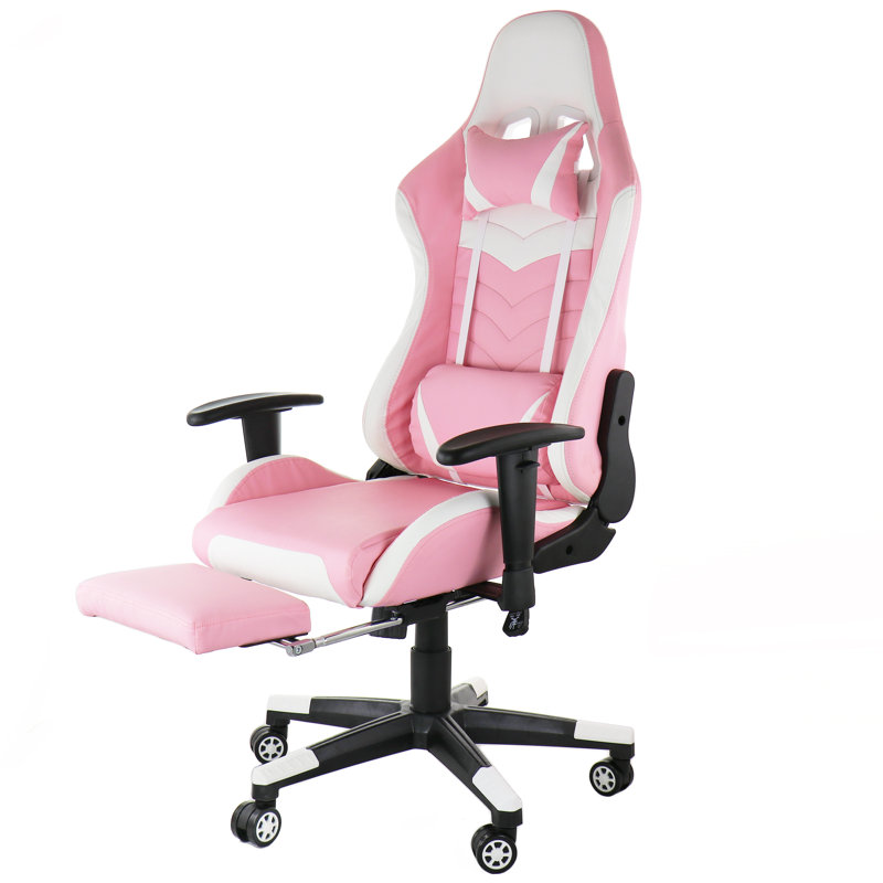 Inbox Zero Adjustable Reclining Ergonomic Faux Leather Swiveling PC & Racing Game Chair with Footrest, Pink/White