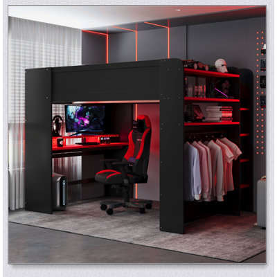 Wood Bunk Bed With Height-Adjustable Desk,Wardrobe,Ample Storage Space,And RGB Light