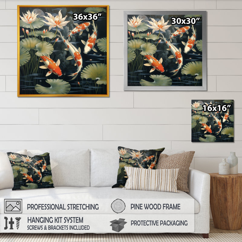 Lotus et poisson Koi représentant la pureté - décoration murale Lotus, H 30 po x l 30 po x P 1 po, Toile tendue