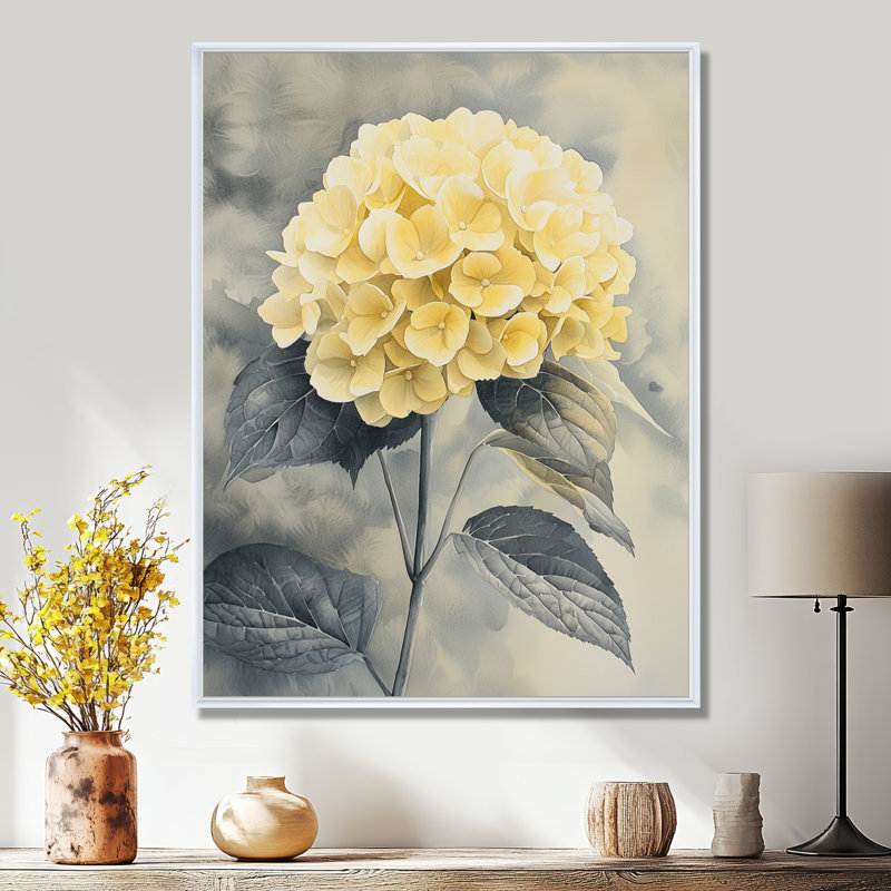 Fleurs d'hortensia jaune doux II - hydrangées murales, Reproduction avec cadre flottant, H 20 po x l 12 po, Blanc