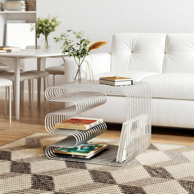 Table d'appoint moderne en métal, table de chevet minimaliste avec étagère de rangement ouverte, petite table basse polyvalente pour salon, chambre, balcon et terrasse