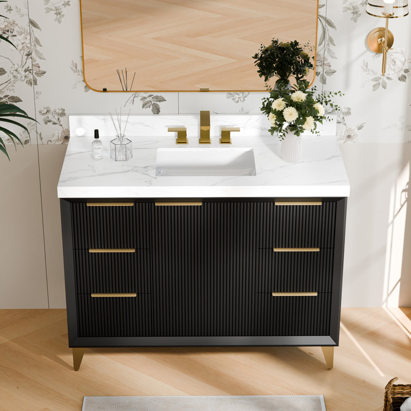 Radena 48" Bathroom Vanity Ceramic Sink Top With Backsplash, Pre-assembled Bathroom Cabinet, Black