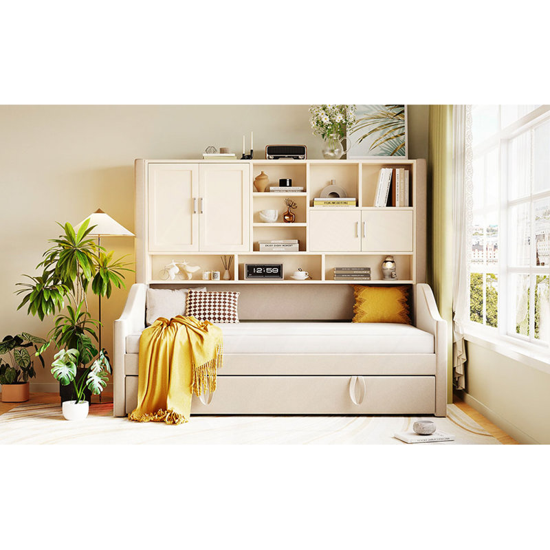 Upholstered Daybed With LED Armrest Lights, Storage Shelves & Cabinets, Pull-Out Lift-Up Trundle, Beige