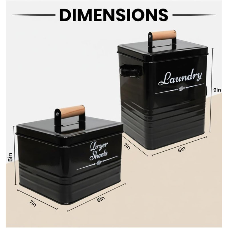 Ensemble de rangement pour buanderie de style champêtre, contenant en métal pour lessive et porte-feuilles pour sécheuse avec poignées de couvercle en bois
