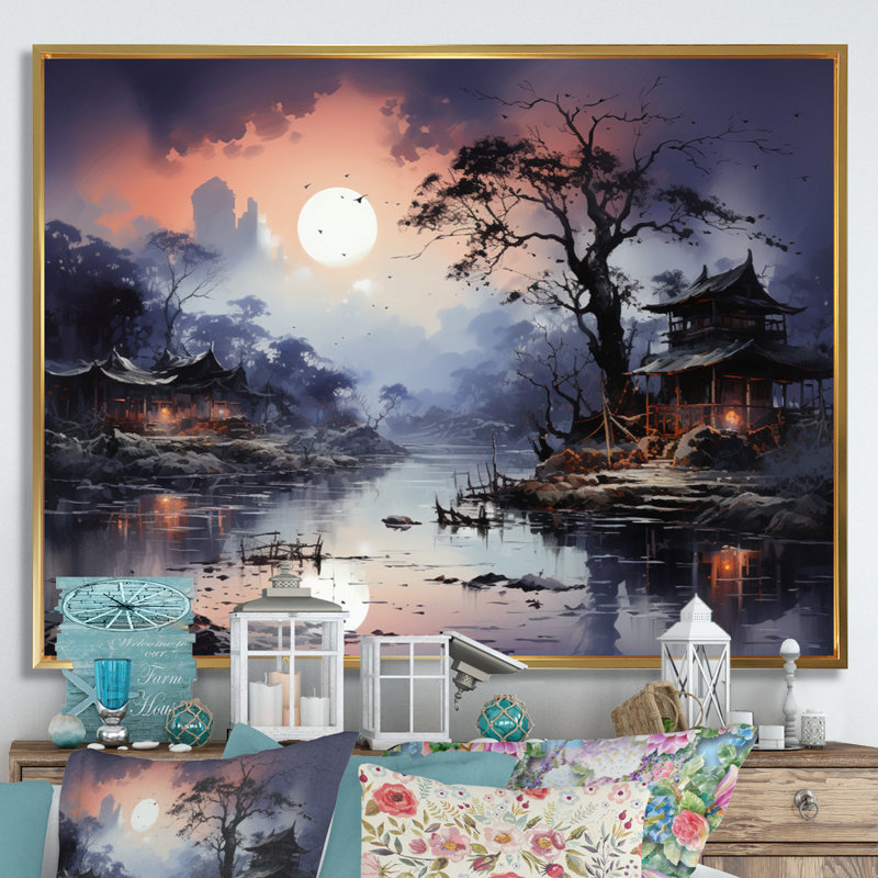 Vietnam, paysage de sérénade au clair de lune II sur toile, H 30 po x l 40 po x P 1,5 po, Cadre flottant doré