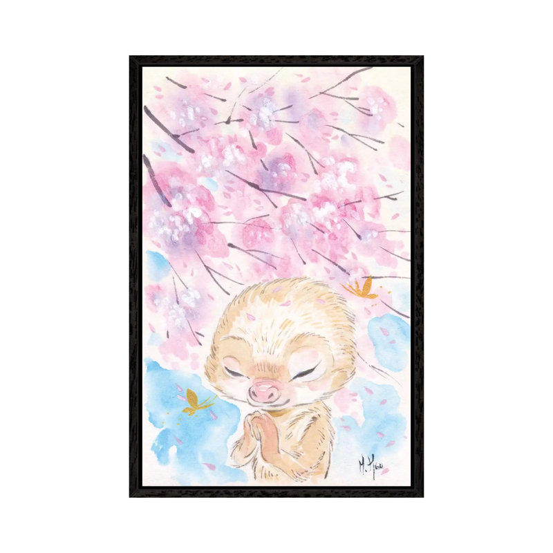Cherry Blossom Wishes Sloth by Martin Hsu - Print on Canvas, 101.6 cm H x 66.04 cm W, Black Framed
