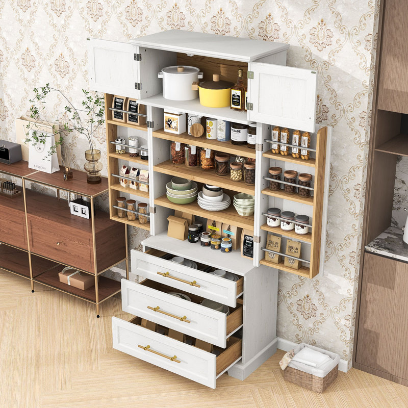 Armoire de cuisine avec 3 tiroirs, 8 supports réglables et une armoire pour un rangement polyvalent, Blanc rétro