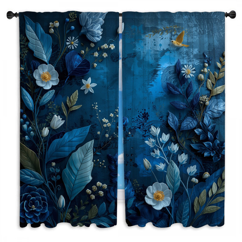 Rideau bleu à motif floral avec voilage et obscurcissement floral - 2 panneaux, 20 po x 50 po - 2 panneaux