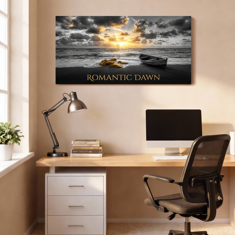 Ensemble de 1 tableau sur toile tendue représentant un coucher de soleil romantique sur la plage et un bateau à l'aube