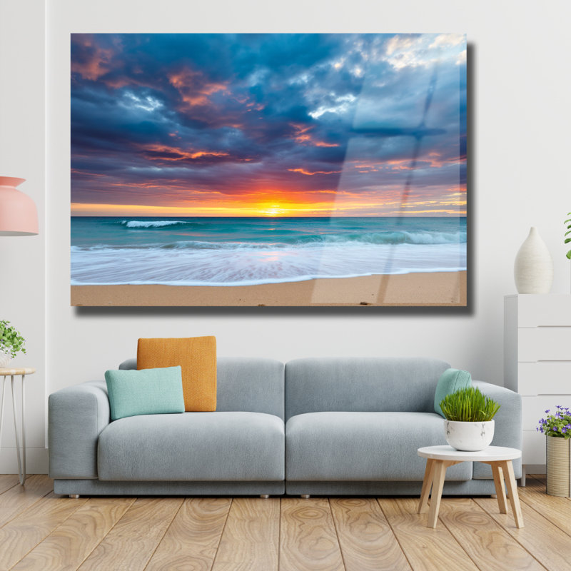 Plage, coucher de soleil, verre trempé, art mural de style naturel, H 8 po x l 12 po