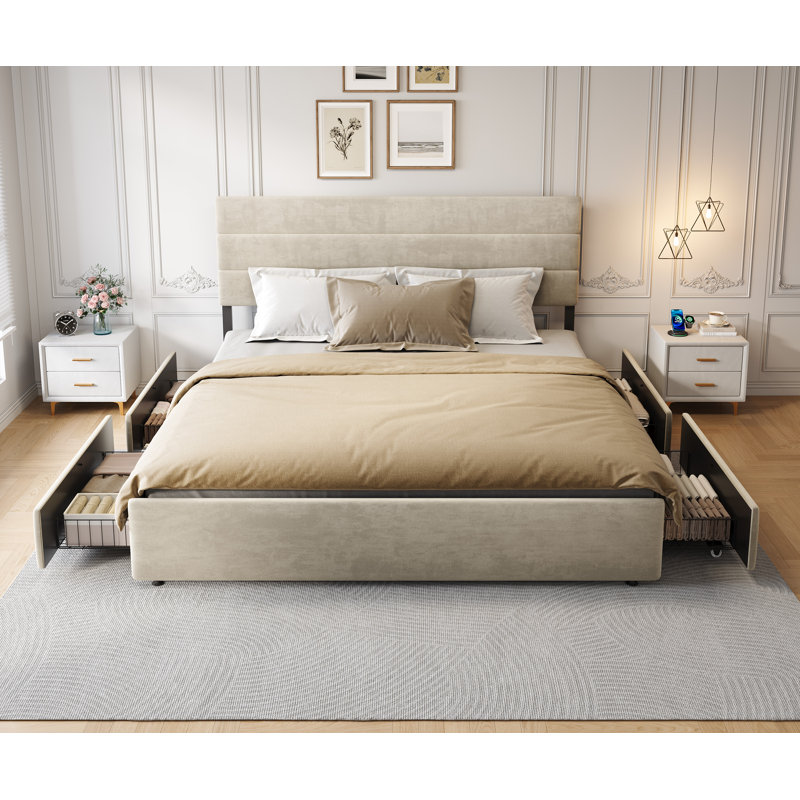 Candler Modern Bed With 4 Storage Drawers And Headboard, Velvet Upholstered Platform Bed, Sturdy Metal & Wooden Slats Support, No Box Spring Needed, Easy Assembly