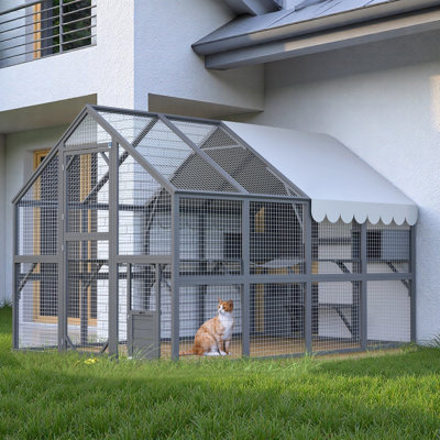 Premium Cat Run Large Outdoor Enclosure, Wooden Catio Kitty Mansion with Suspension Bridges, Strolling Paths, Cozy Cabins, Protective Roof Cover