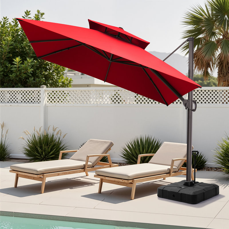 116' X 116' Square Double Top Patio Cantilever Umbrella, Wheel Weighted Base Included, Rouge