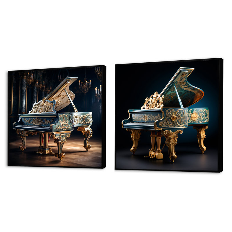 Baroque Piano Brilliance - Ensemble de 2 collages carrés, Cadre flottant noir, H 16 po x l 33 po