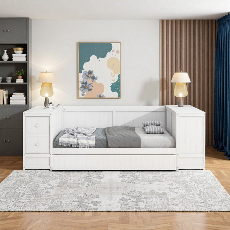 Lit de jour simple moderne blanc avec couchette, accoudoirs de rangement et station de charge intégrée, Blanc