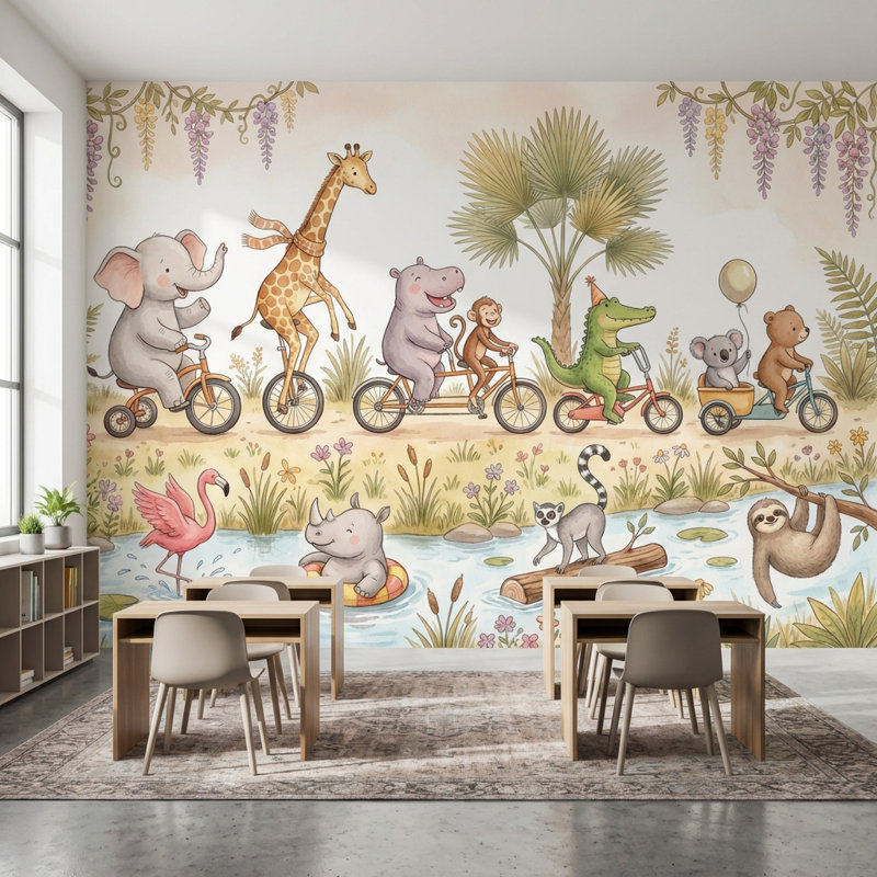 Papier peint nature fantaisiste Playful Animals, 160 po x 108 po, Peler et coller