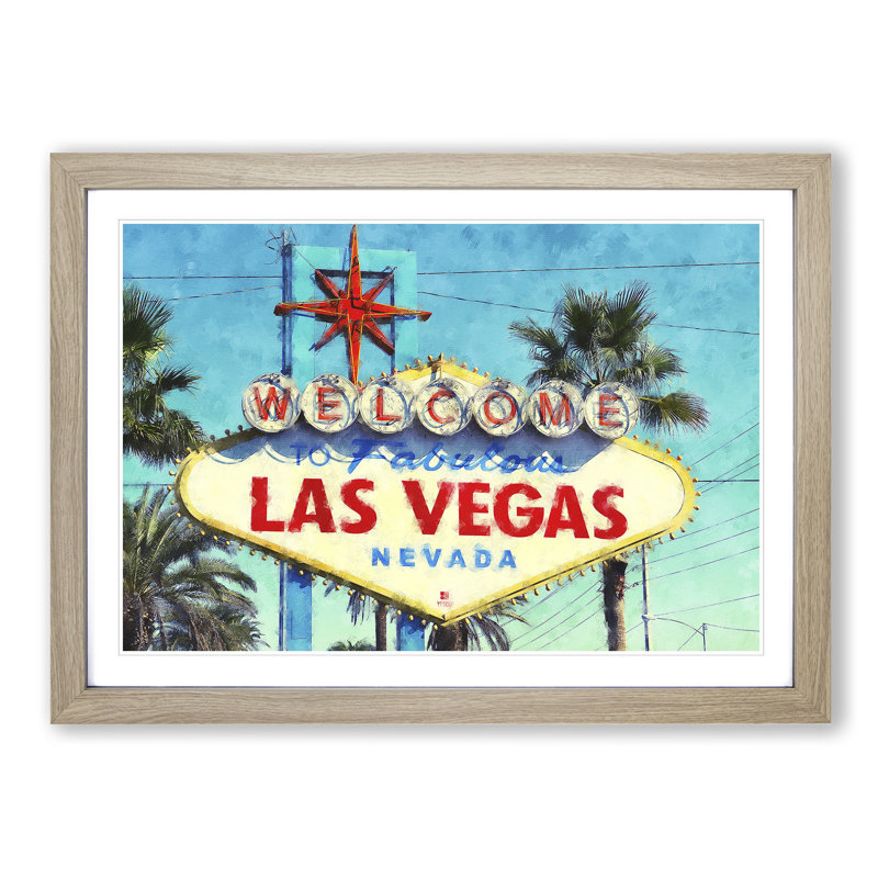 The Welcome to Las Vegas Sign - Picture Frame Painting Print on MDF, 24cm H x 33cm W x 2cm D, Oak Framed