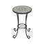 Table d'appoint brune et noire. Surface en carreaux de céramique avec un joli motif. Tablette inférieure en acier. 14 po x 21,4 po. Pour l'intérieur et l'extérieur. Assemblage requis de la tablette de table, brun et noir. Fabrication en fer. 14 po.