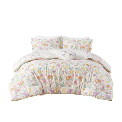 4 Piece Full/Queen Purple Floral Reversible Cotton Comforter With Tiger And Elephant Jungle Print - , Machine Washable Pcs Fabric