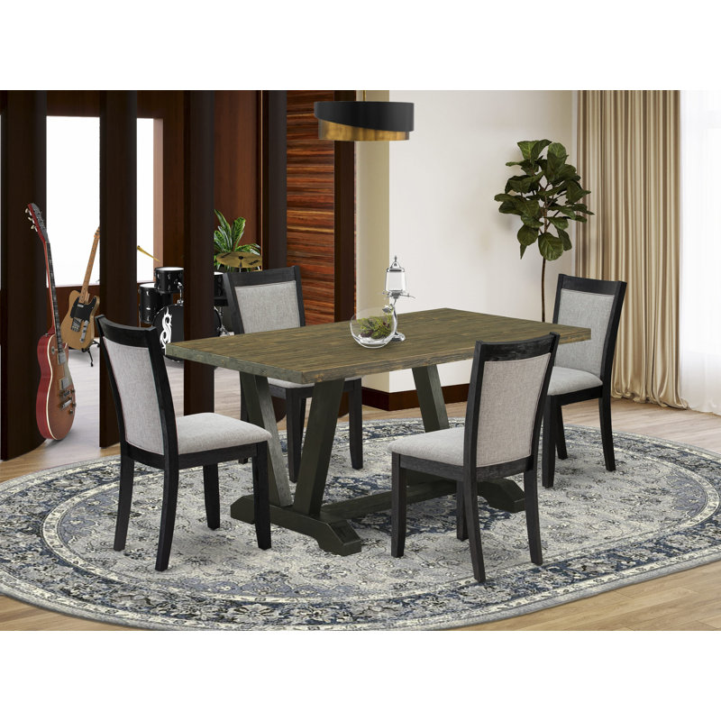 5-Piece Modern Table Set Consists of a Distressed Jacobean Mid Century Table and 4 Shitake Linen Fabric Parsons Chairs with High Back - Wire Brushed Black Finish