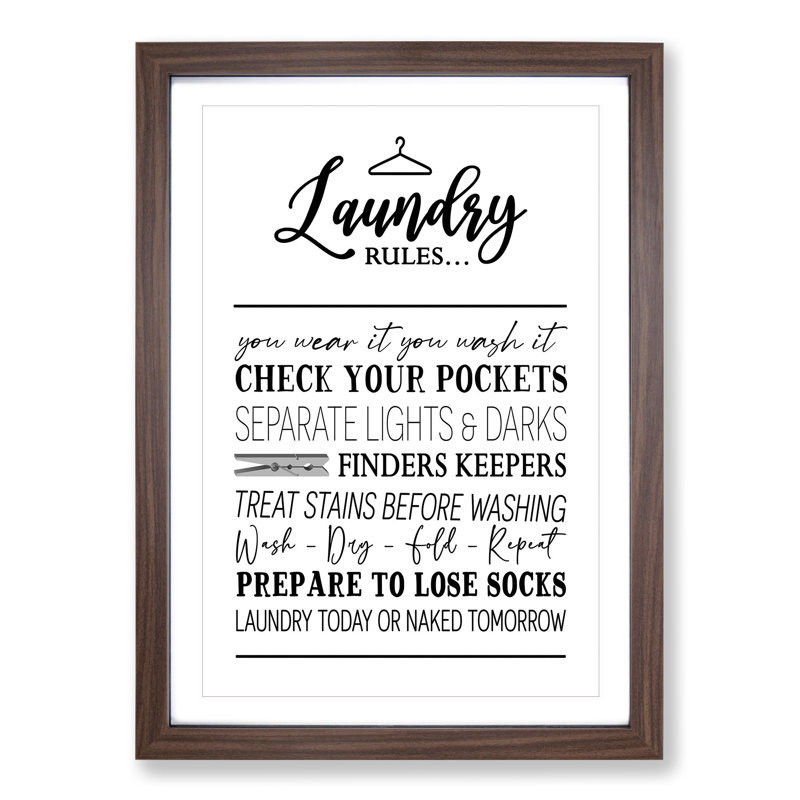 Laundry Rules - Picture Frame Typography, 90cm H x 65cm W x 2cm D, Walnut Framed
