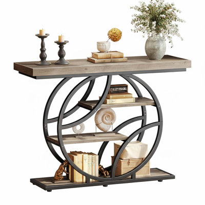Modern Entryway Console Table with Grey Woodgrain Top and Matte Black O-Shaped Metal Frame, 2 Shelves, 1 Piece